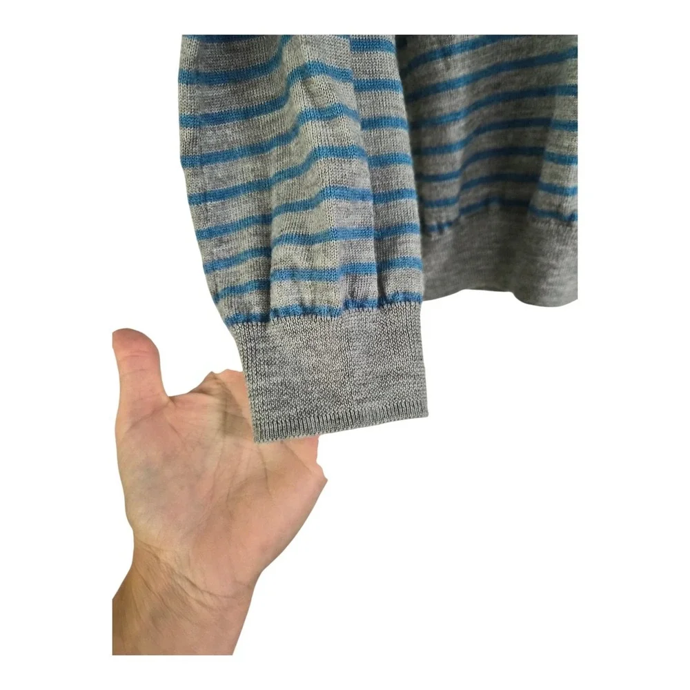 J.Crew 100% Merino Wool Sweater Large Blue Gray Stripe V Neck Lightweight